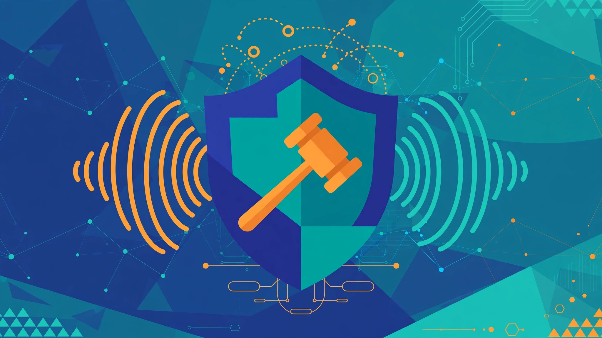 Abstract flat illustration of a shield and gavel with sound waves symbolizing AI voice cloning consent law
