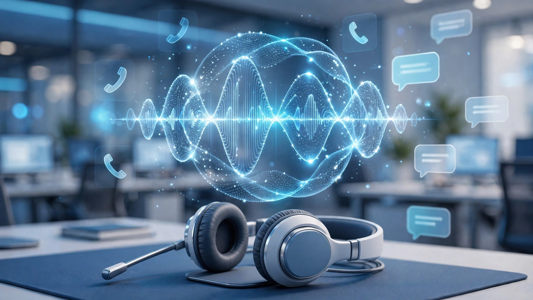Glowing AI voice assistant sound waves above a customer support headset on a desk in a modern blue-toned operations center