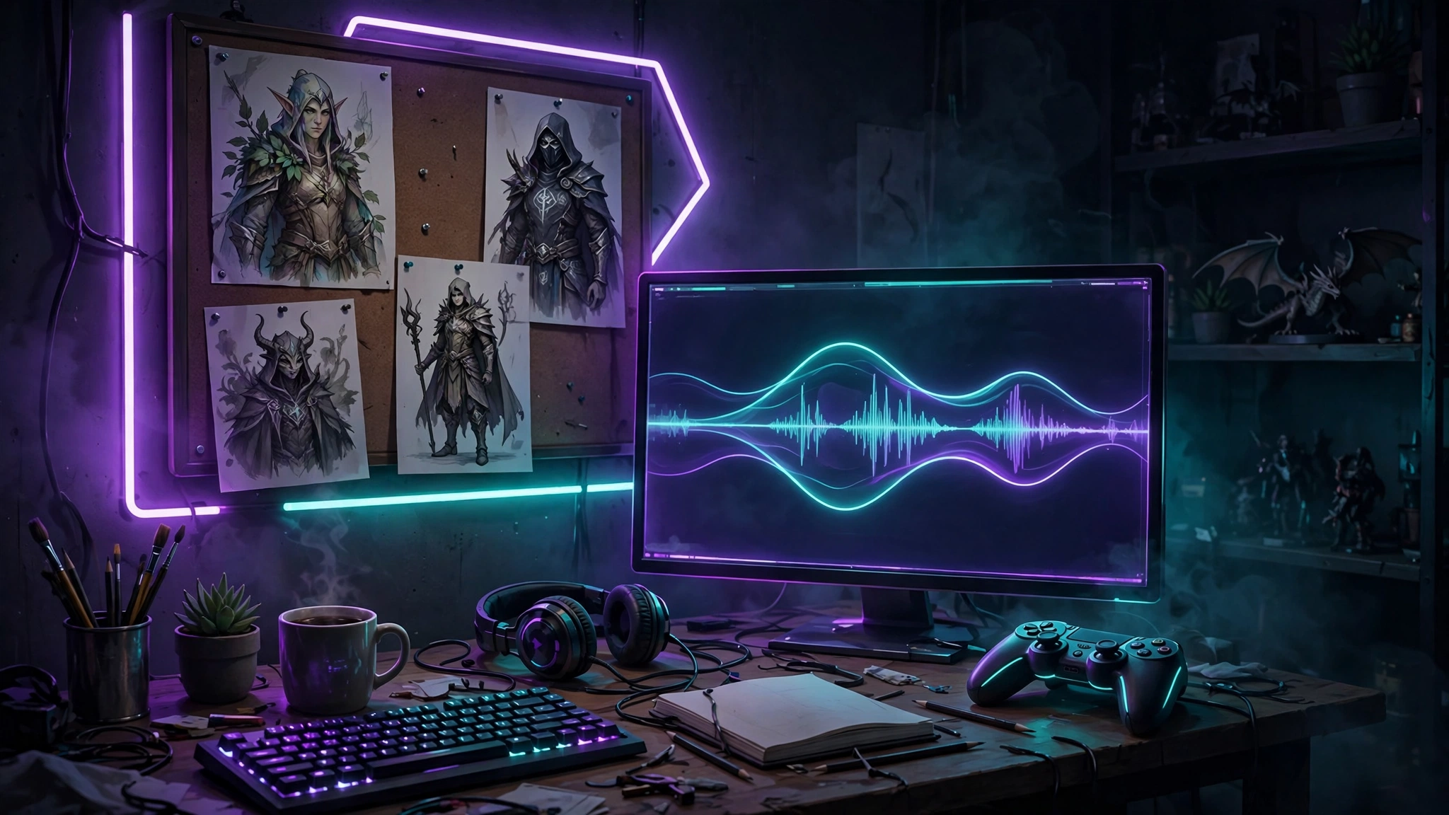 Game developer studio desk with glowing audio waveform editing monitor and fantasy NPC character concept art in purple and teal neon light