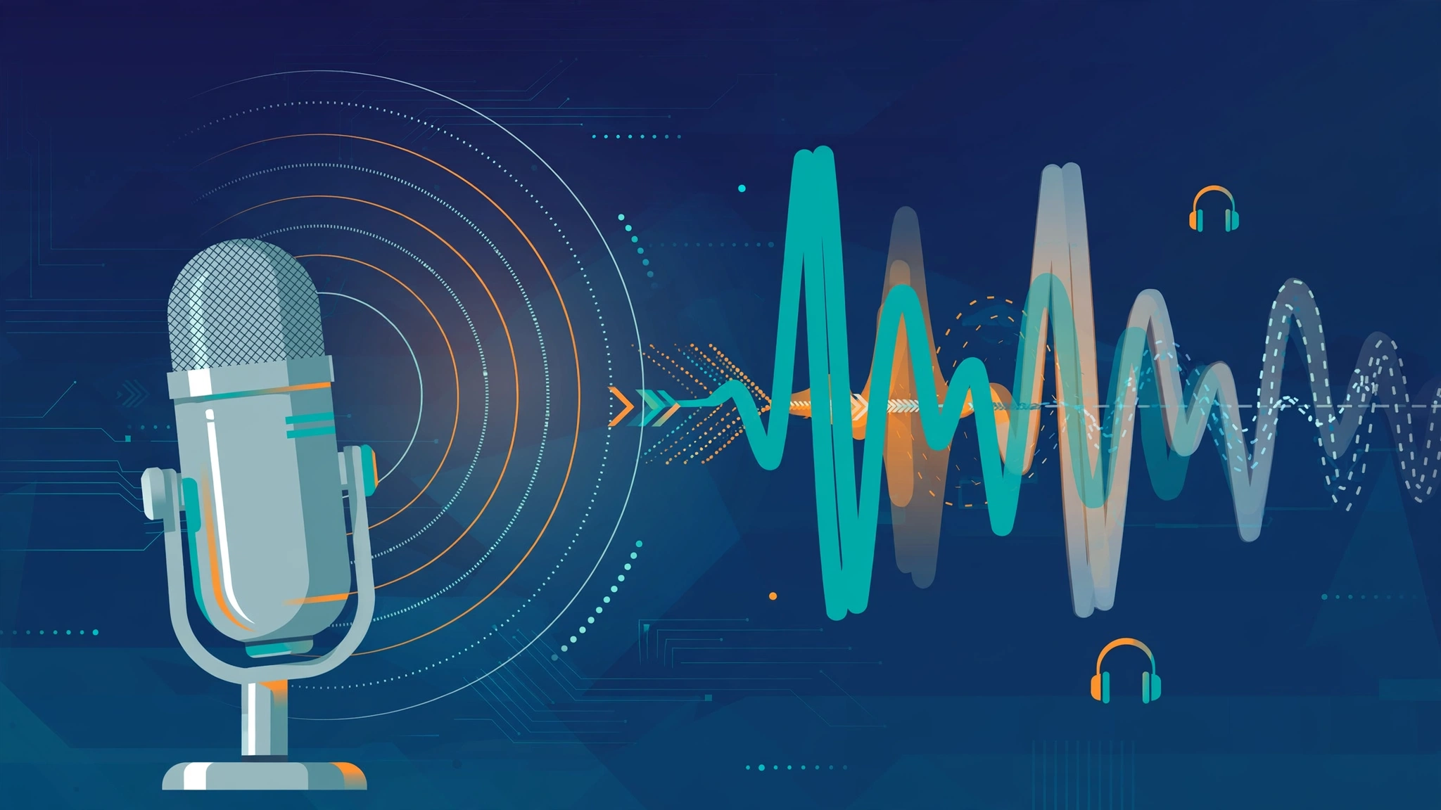 Flat illustration of a podcast microphone with radiating sound waves and a mirrored digital waveform suggesting AI voice cloning, in teal, deep blue and orange.