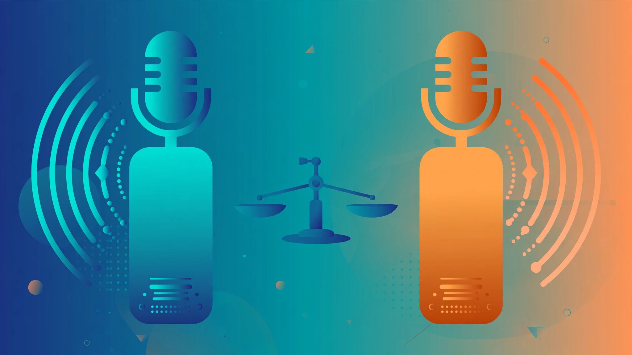 Flat illustration of two AI voice tools facing off with stylized microphones and sound waves on opposite sides in teal, deep blue, and orange.
