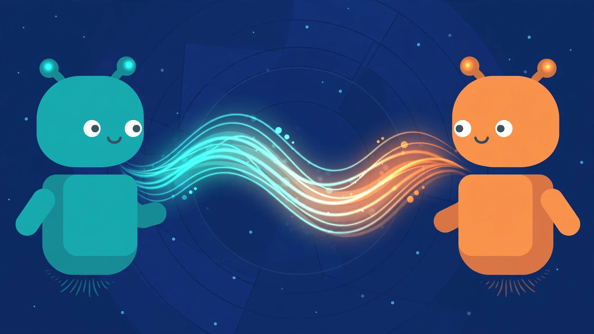 Flat illustration of two friendly voice-assistant robots, one teal and one orange, exchanging glowing sound waves on a deep-blue background.