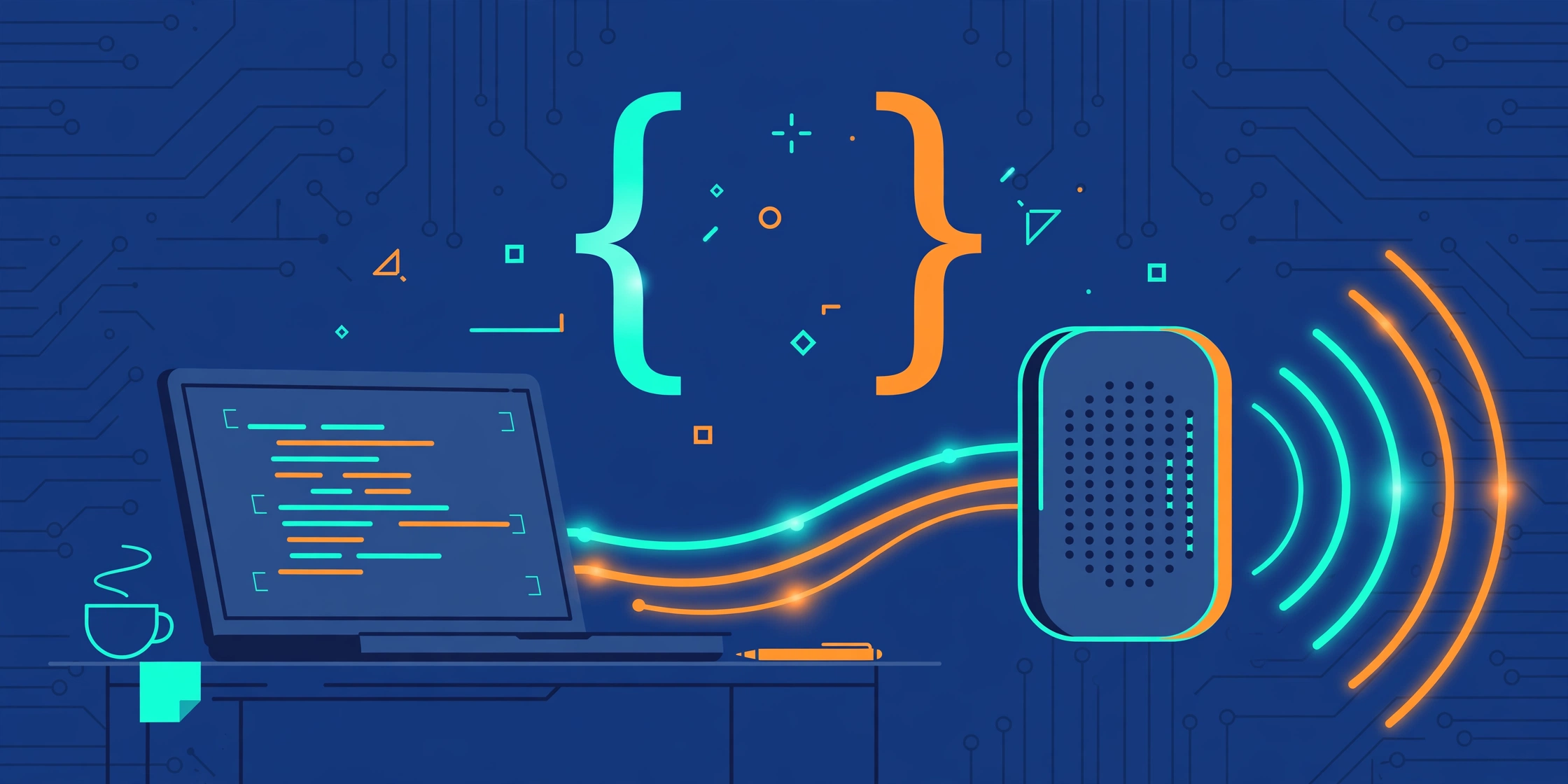 Flat illustration of a laptop connected by glowing teal and orange lines to a speaker emitting sound waves, with code brackets over a circuit background.