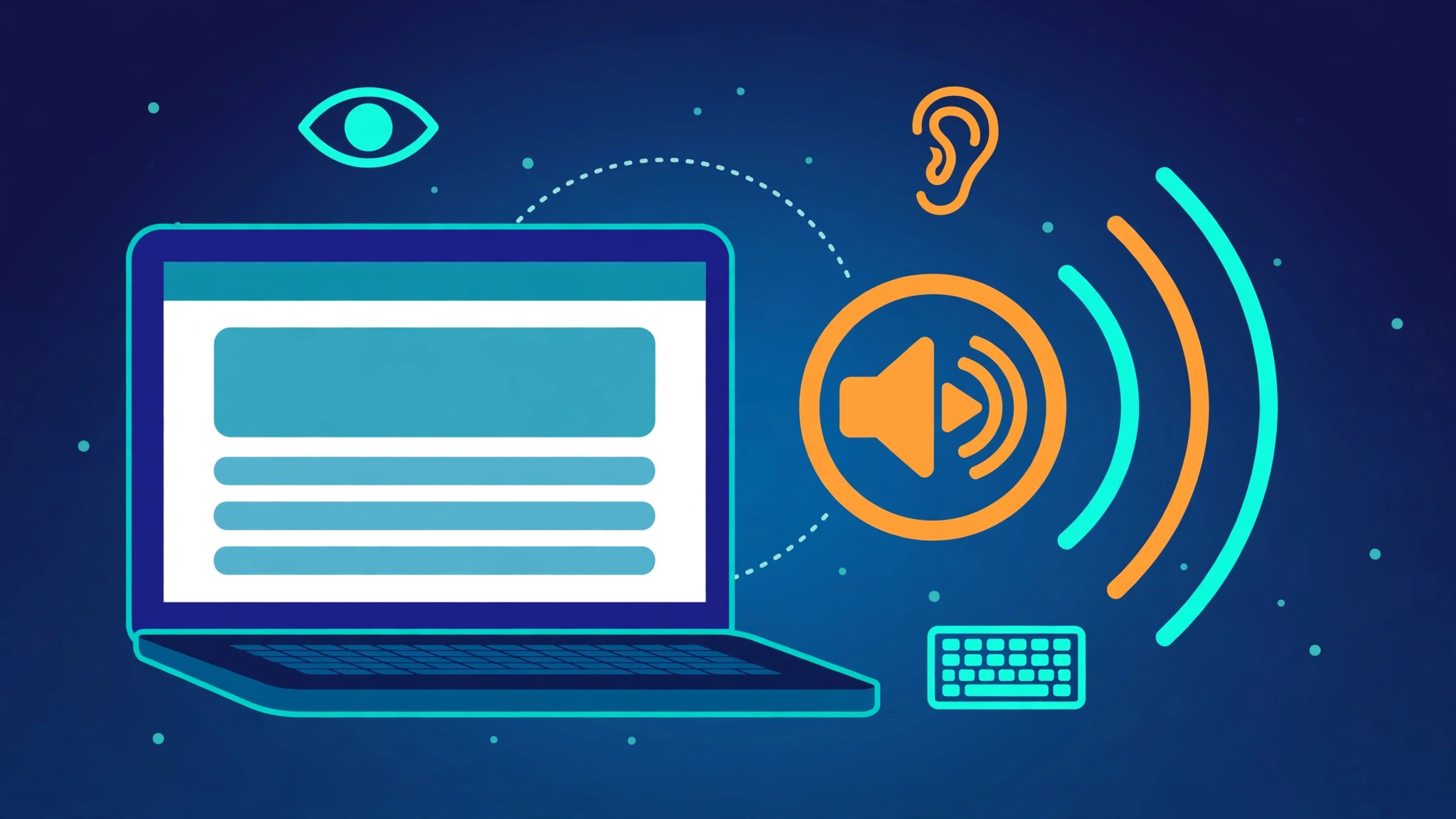 Flat illustration of a laptop with a webpage, a floating audio play button and expanding sound waves, with accessibility icons, in teal, deep blue and orange.