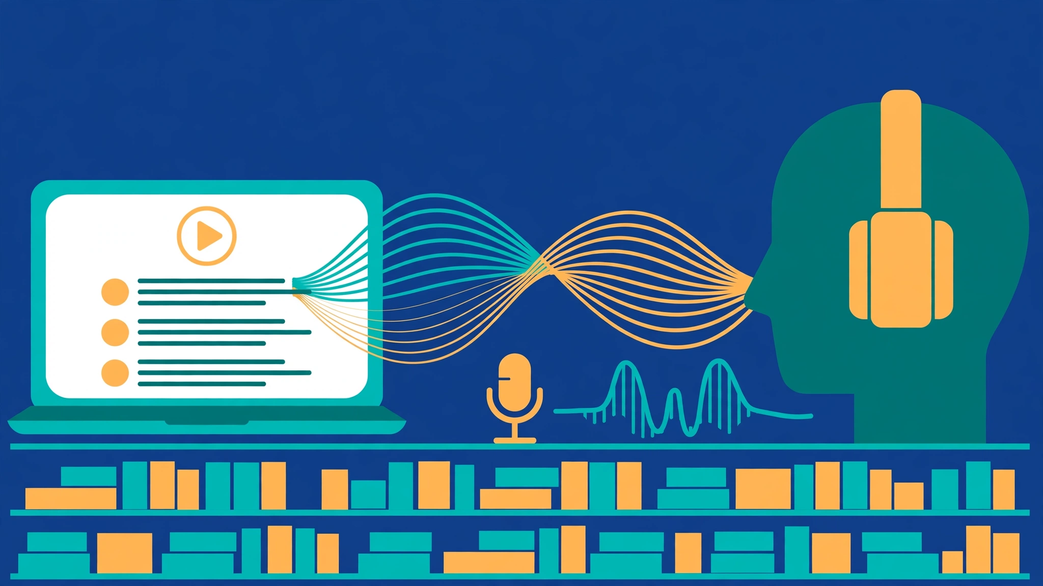 Flat illustration of a laptop showing an online course player with sound waves flowing to a headphone-wearing learner, representing AI text-to-speech narration for e-learning.