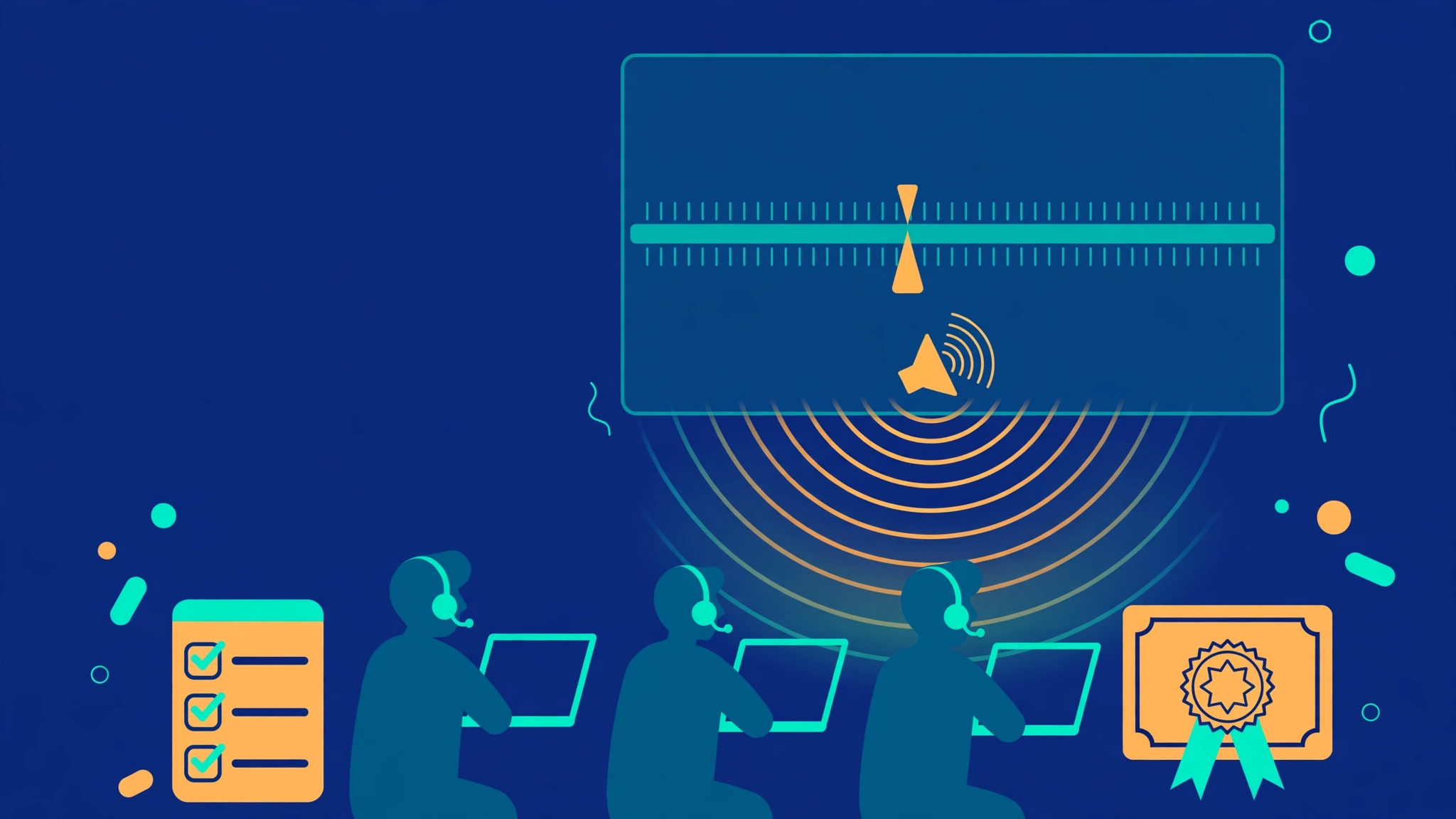 Flat illustration of a conference-room training video timeline with sound waves and professionals in headsets, representing AI voiceover for corporate training videos.