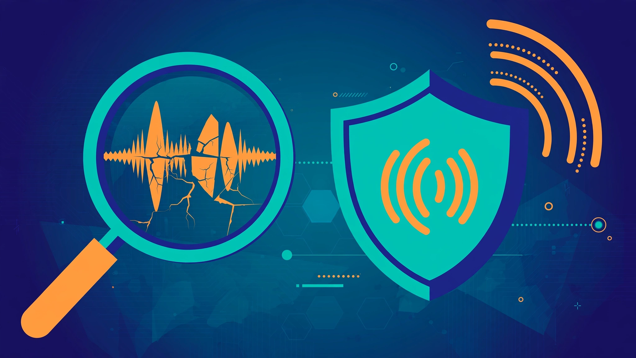 Illustration of sound waves under a magnifying glass with a warning shield, representing AI voice deepfake detection