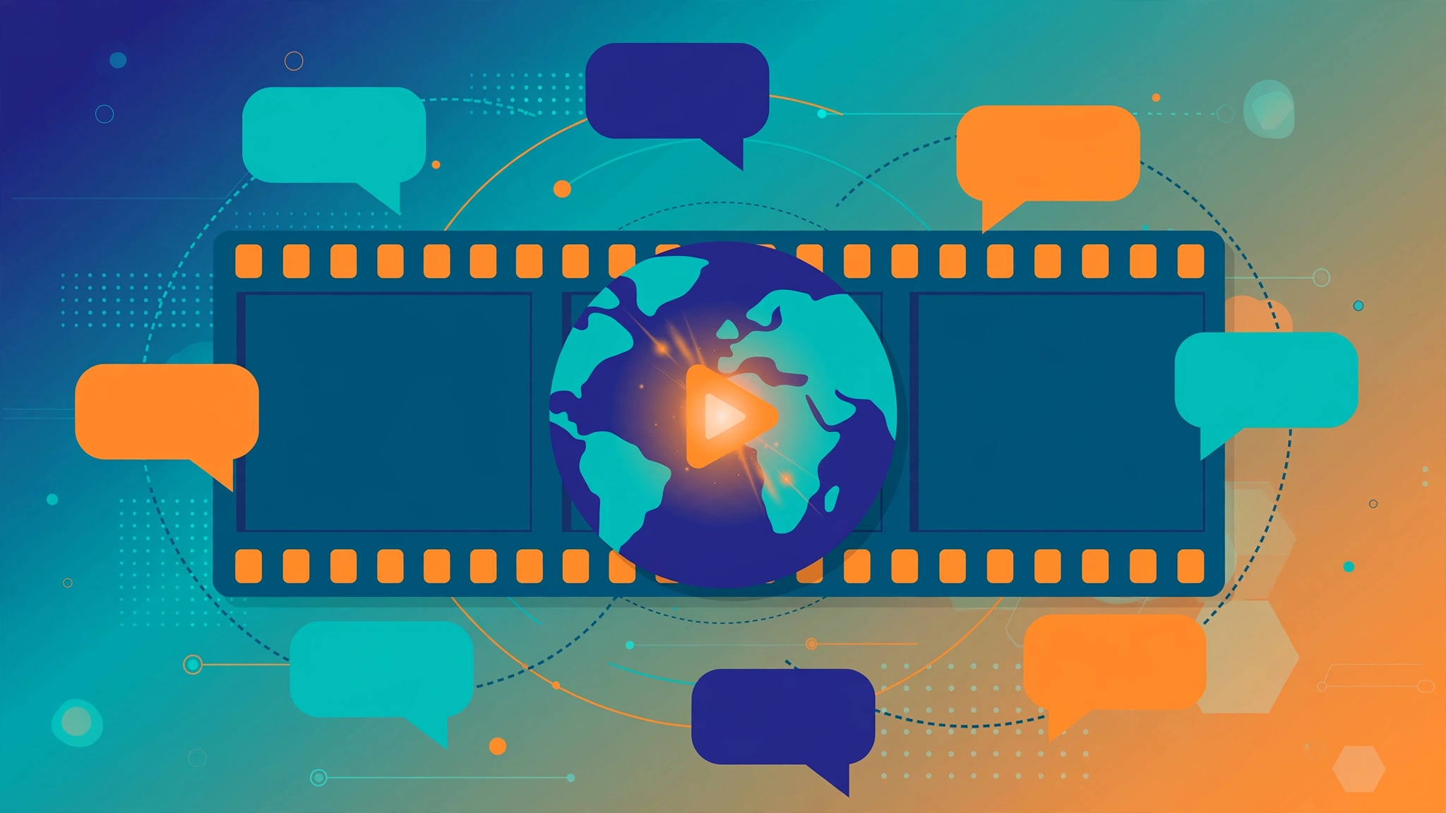 Illustration of a video editing timeline with multilingual audio waveforms and subtitle tracks representing AI dubbing localization