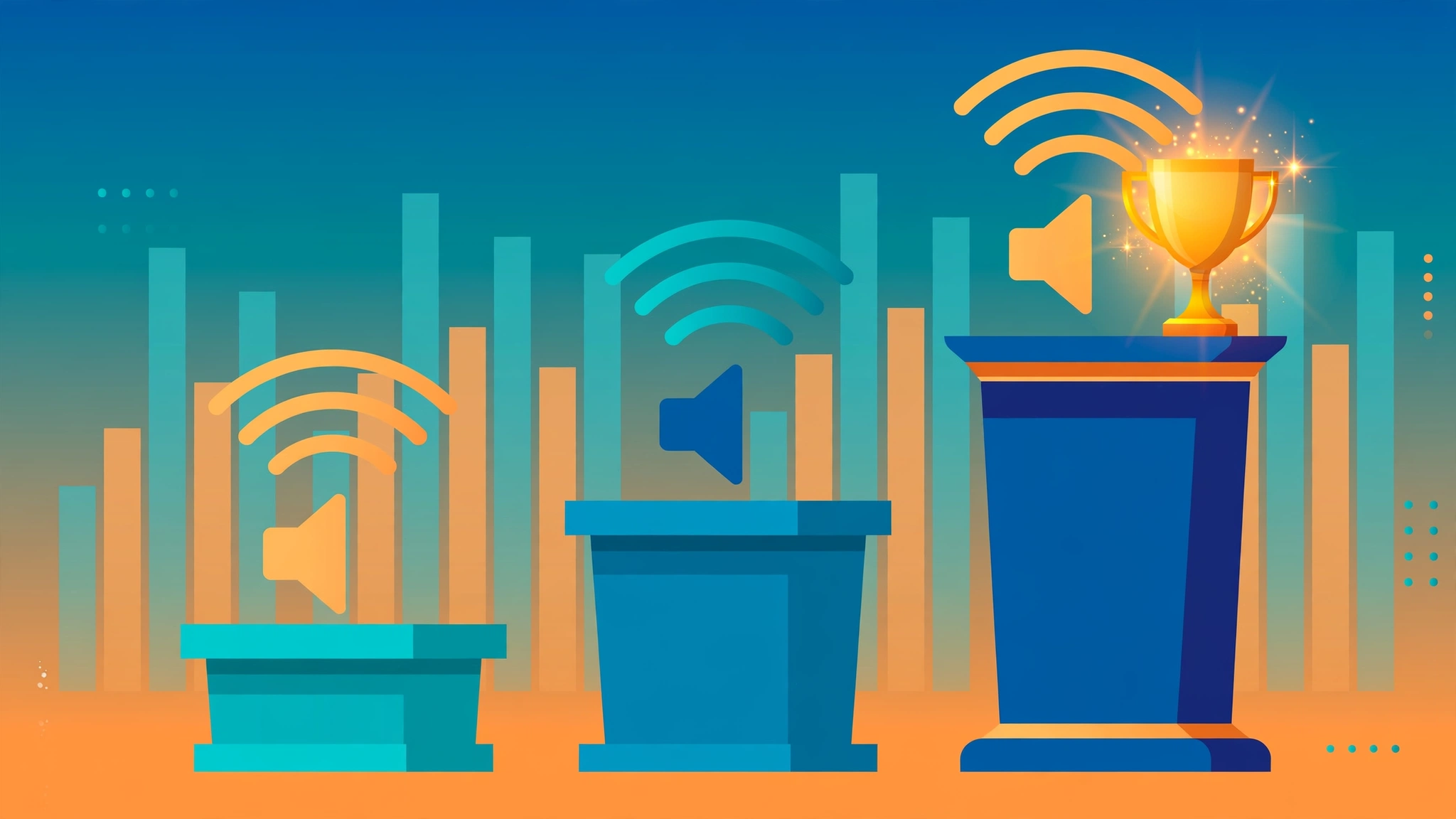 Illustration of three podiums with microphone icons comparing AI voice platforms side by side on a wooden desk