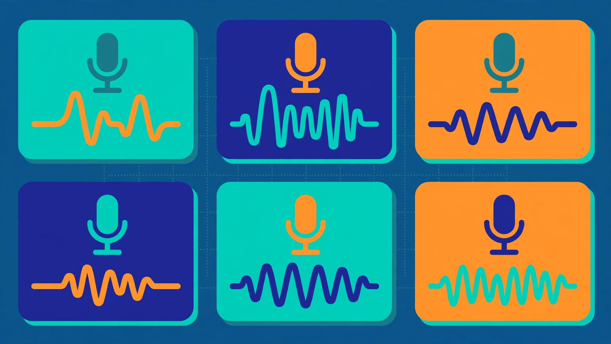 Flat illustration grid of voice-waveform audio cards comparing AI voice tools as Murf alternatives