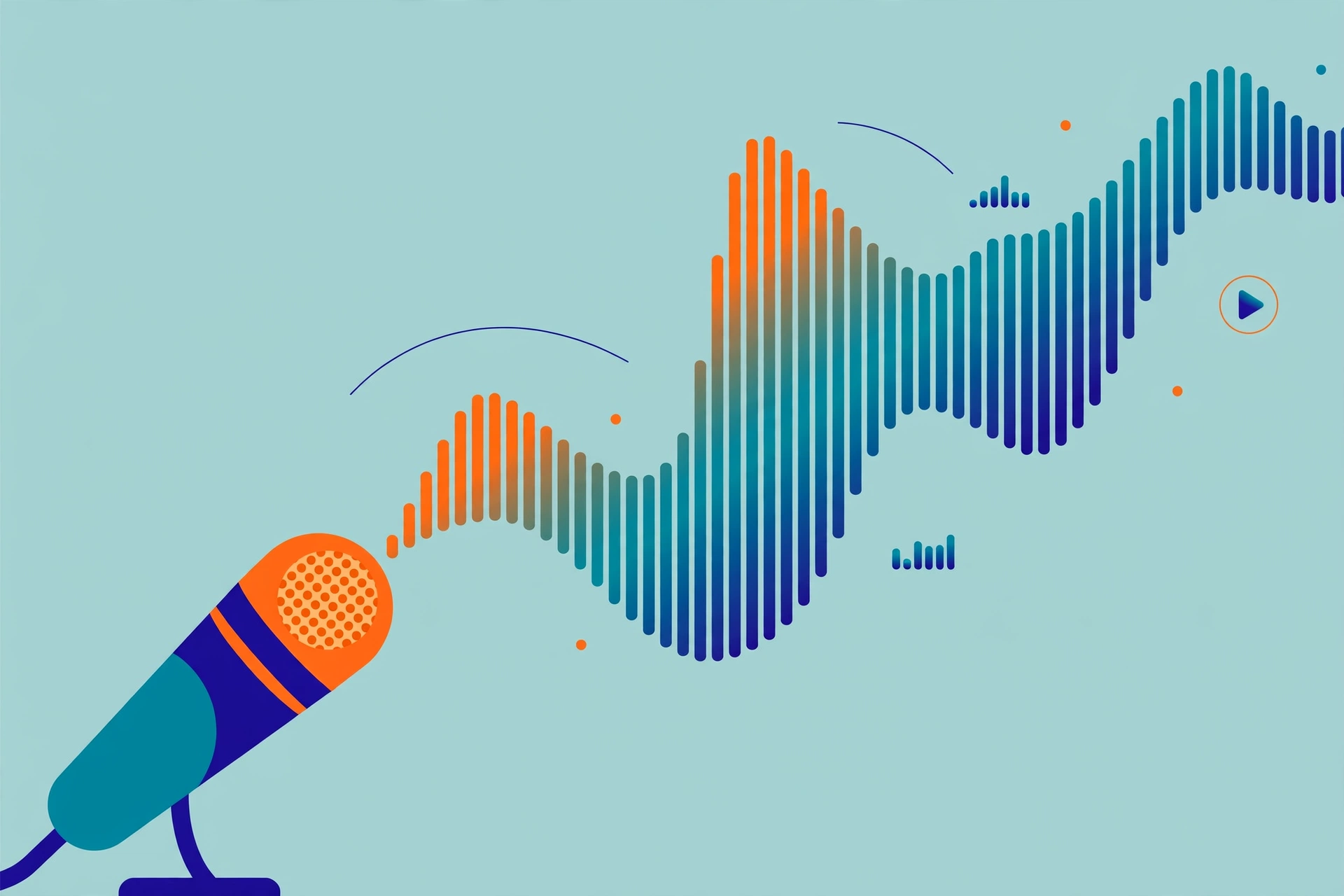 Flat illustration of a podcast microphone with a rising teal and orange sound waveform on a deep blue background