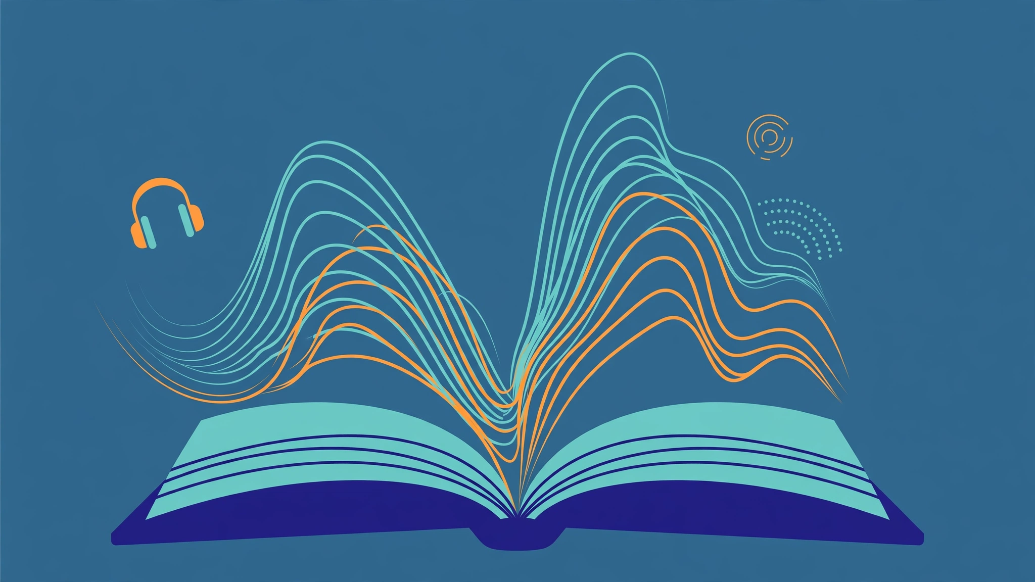Flat illustration of an open book releasing teal and orange audio waves on a deep blue background
