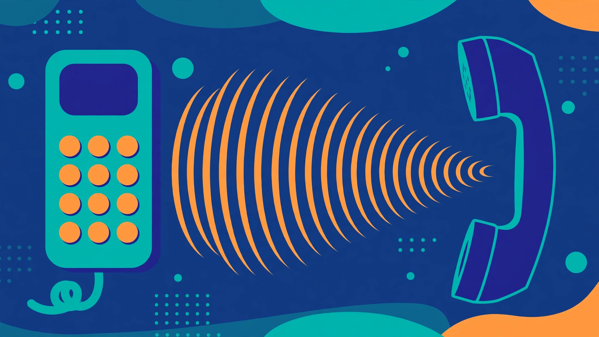 Flat vector illustration of a phone keypad handset with sound waves flowing into a receiver, representing AI text-to-speech for IVR phone systems