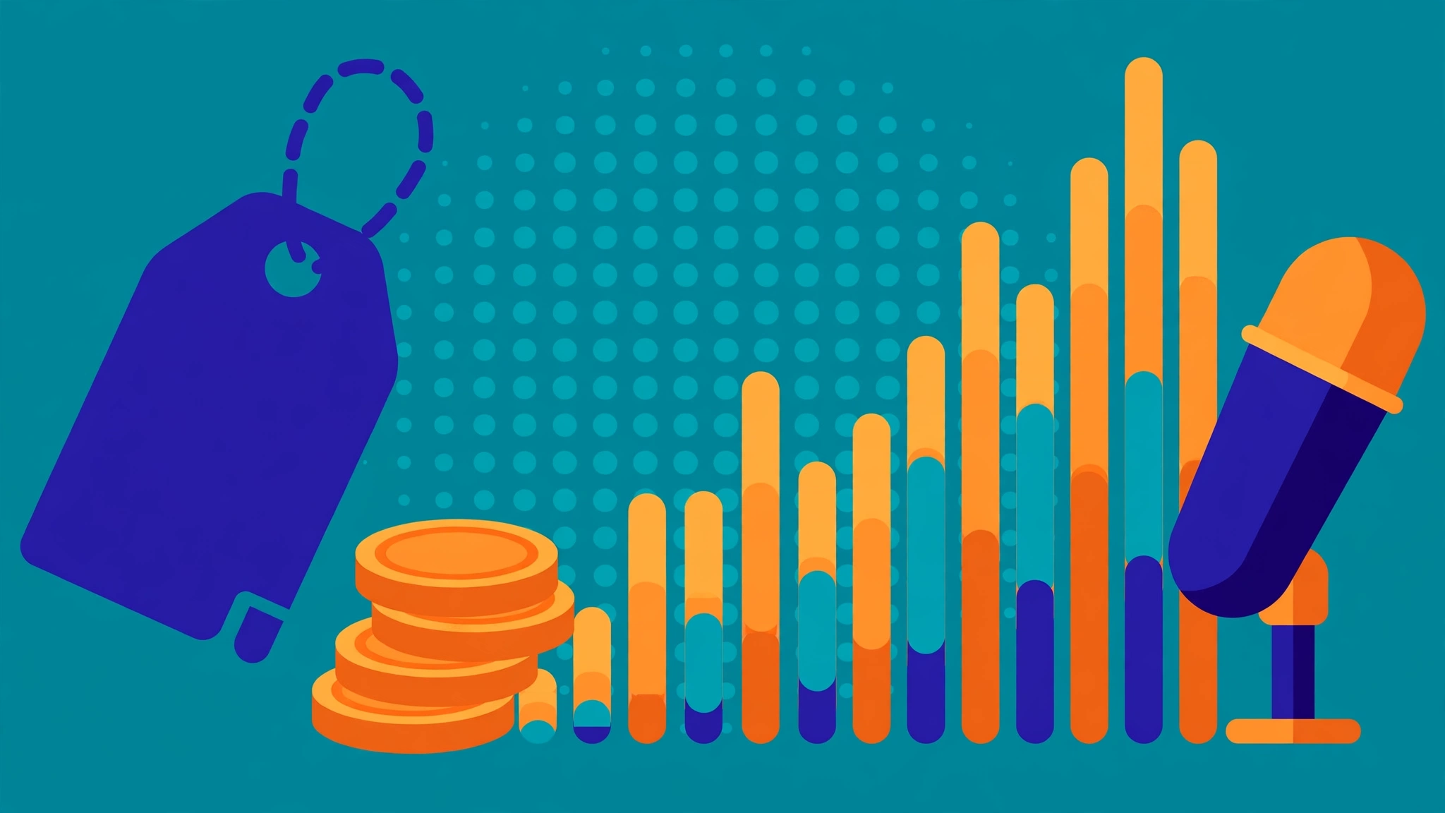 Flat vector illustration of a price tag and coins beside rising audio waveform bars, in teal, deep blue and orange