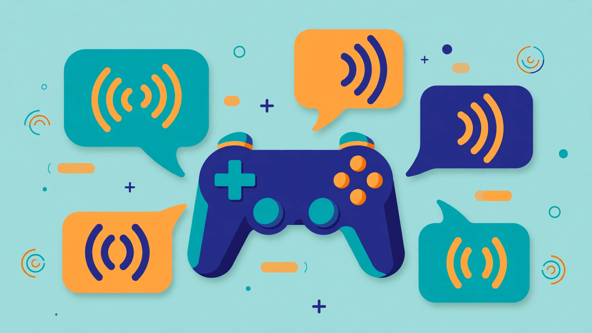 Flat vector illustration of a video game controller surrounded by floating speech bubbles with sound-wave accents, representing AI voices for game NPCs