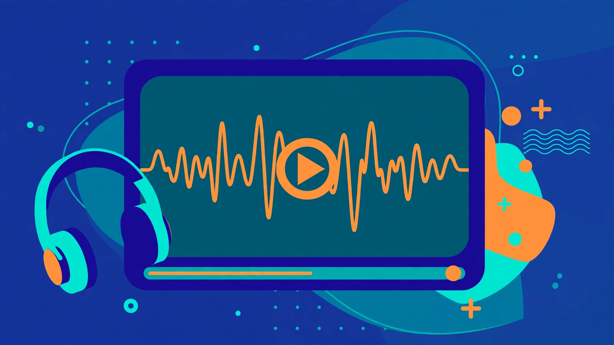 Flat vector illustration of an online course video player with an audio waveform, in teal, deep blue and orange