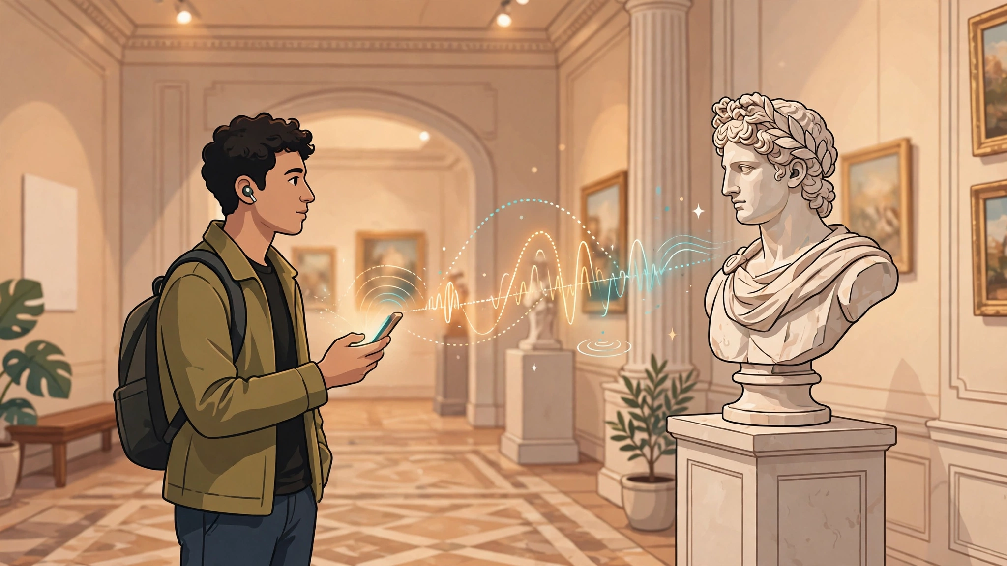 Illustration of a museum visitor with earbuds listening to an AI audio guide narrating a classical marble bust in a gallery