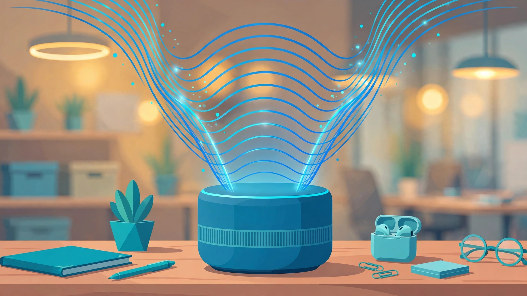 Illustration of a smart speaker on an office desk emitting glowing blue sound waves, representing an AI voice assistant for business