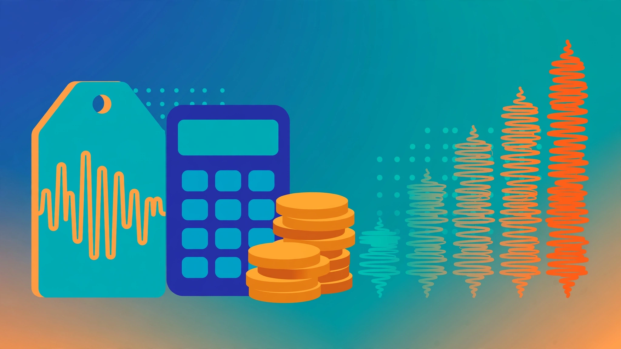 Illustration of a calculator, coins and a price tag beside a microphone on a desk representing AI voice cost planning